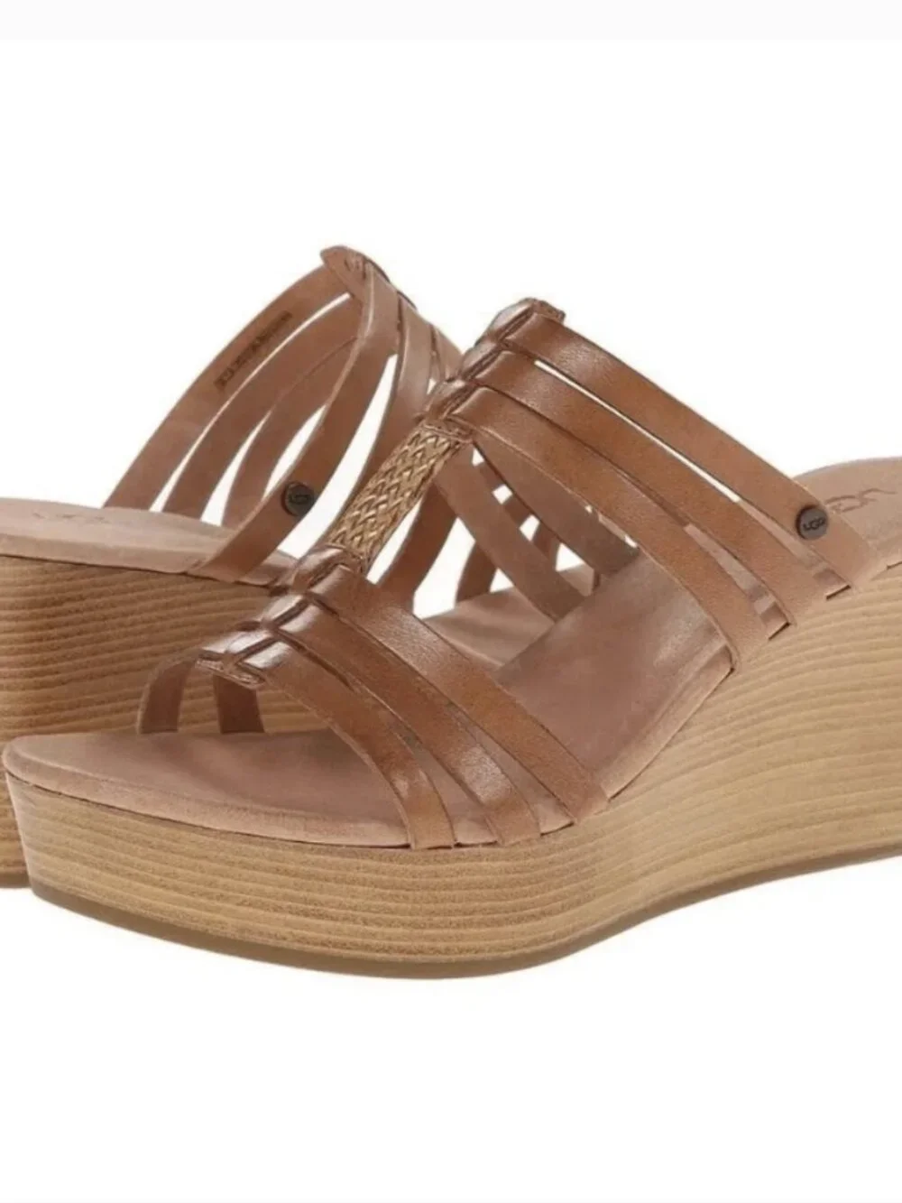 UGG Mattie Strappy Leather Platform Wedge Sandals Brown Woven Rattan Boho Size 7